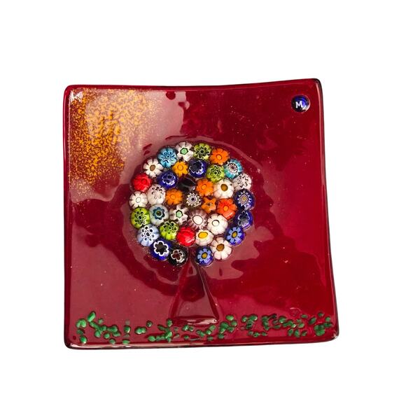 Gorgeous Red Murrina Tree Of Life Murano Glass Plate with Millefiori Bead Tree - Picture 1 of 8